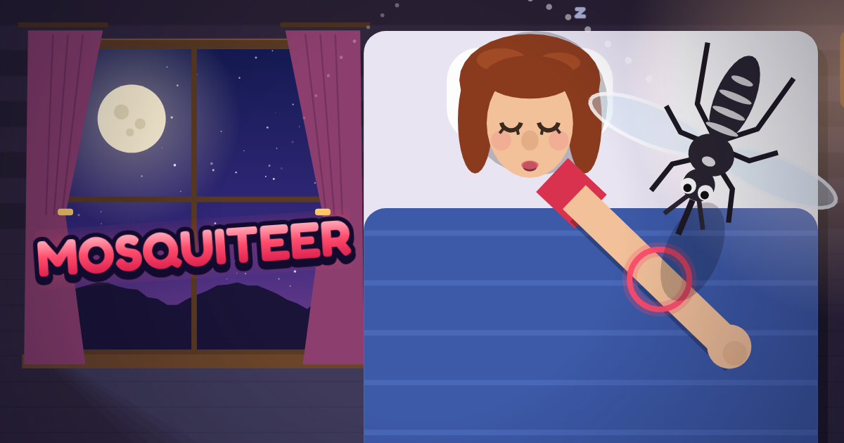 Mosquiteer: a mosquito about to land on a sleeping person's arm